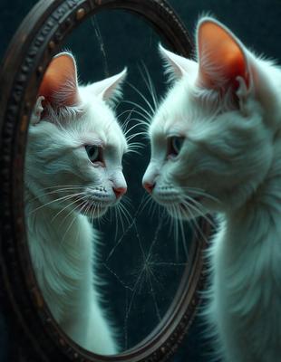 The primary subject of the image is a white cat with long whiskers, looking at its reflection in a mirror. The cat is positioned in the foreground, and the mirror is placed in the background. The visual style of the image is a photo, capturing the cat's unique features and the intricate details of its reflection. The colors in the image are predominantly white, with the cat's fur and the mirror's surface being the main colors. The overall atmosphere of the image is calm and serene,